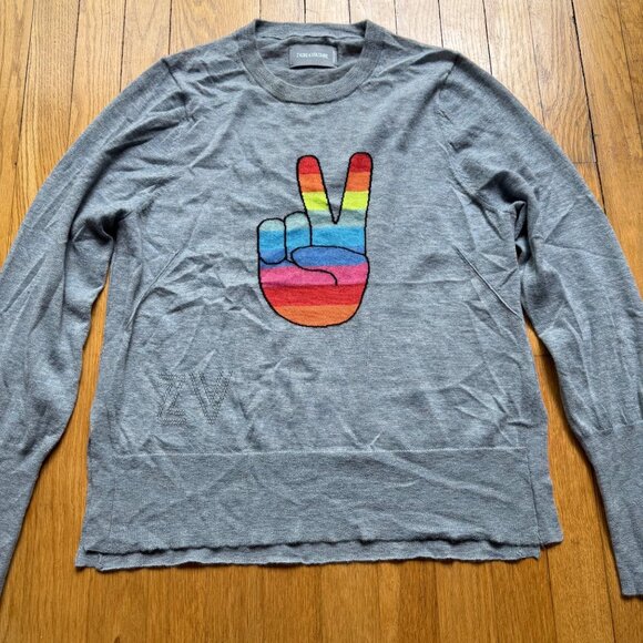 Zadig & Voltaire Size L Gray Liruius Peace Sign Rainbow Graphic Cashmere Sweater - Picture 5 of 14